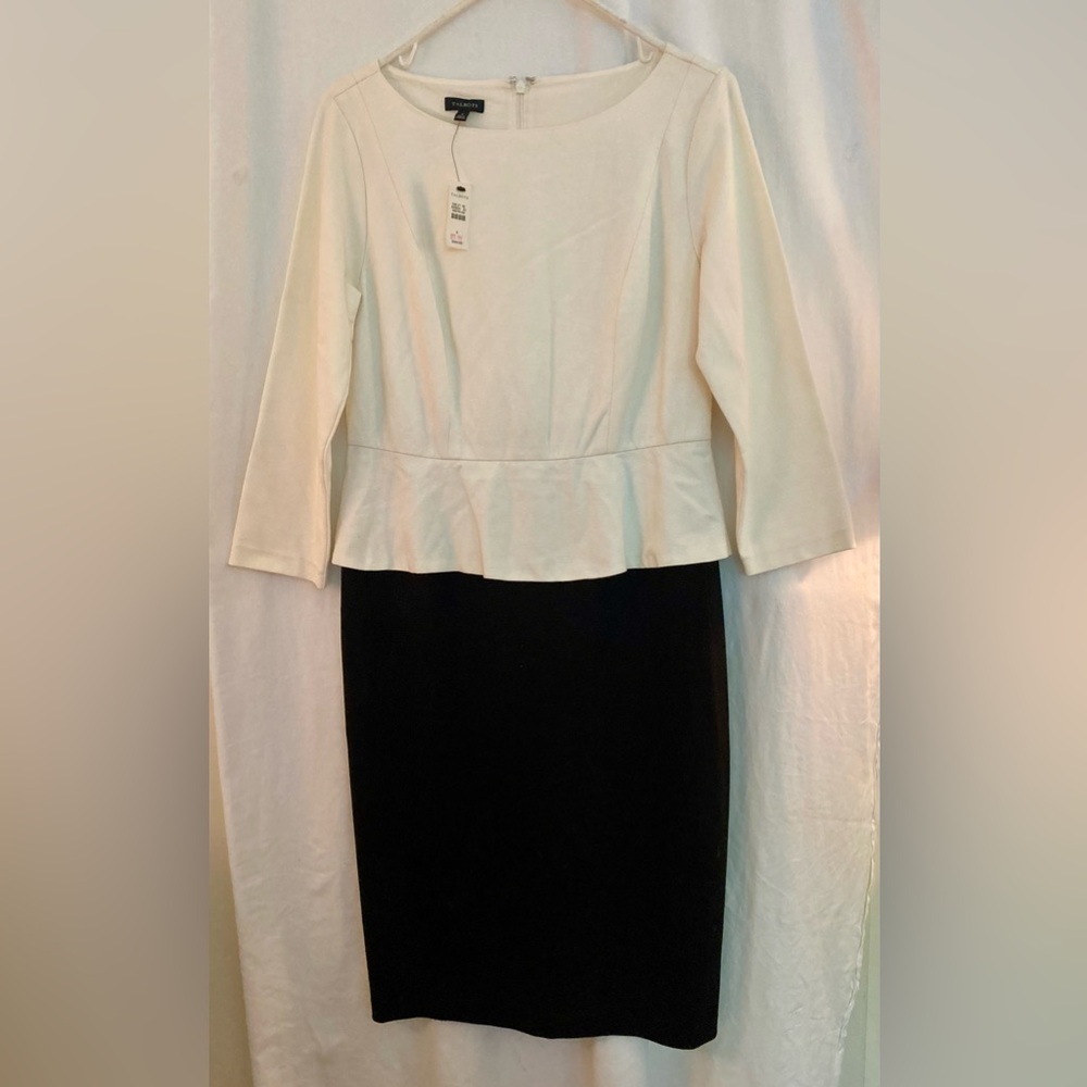 Talbots NWT White Over Black 3/4 Sleeve Ruffle Waist Back Zip Dress Size 4